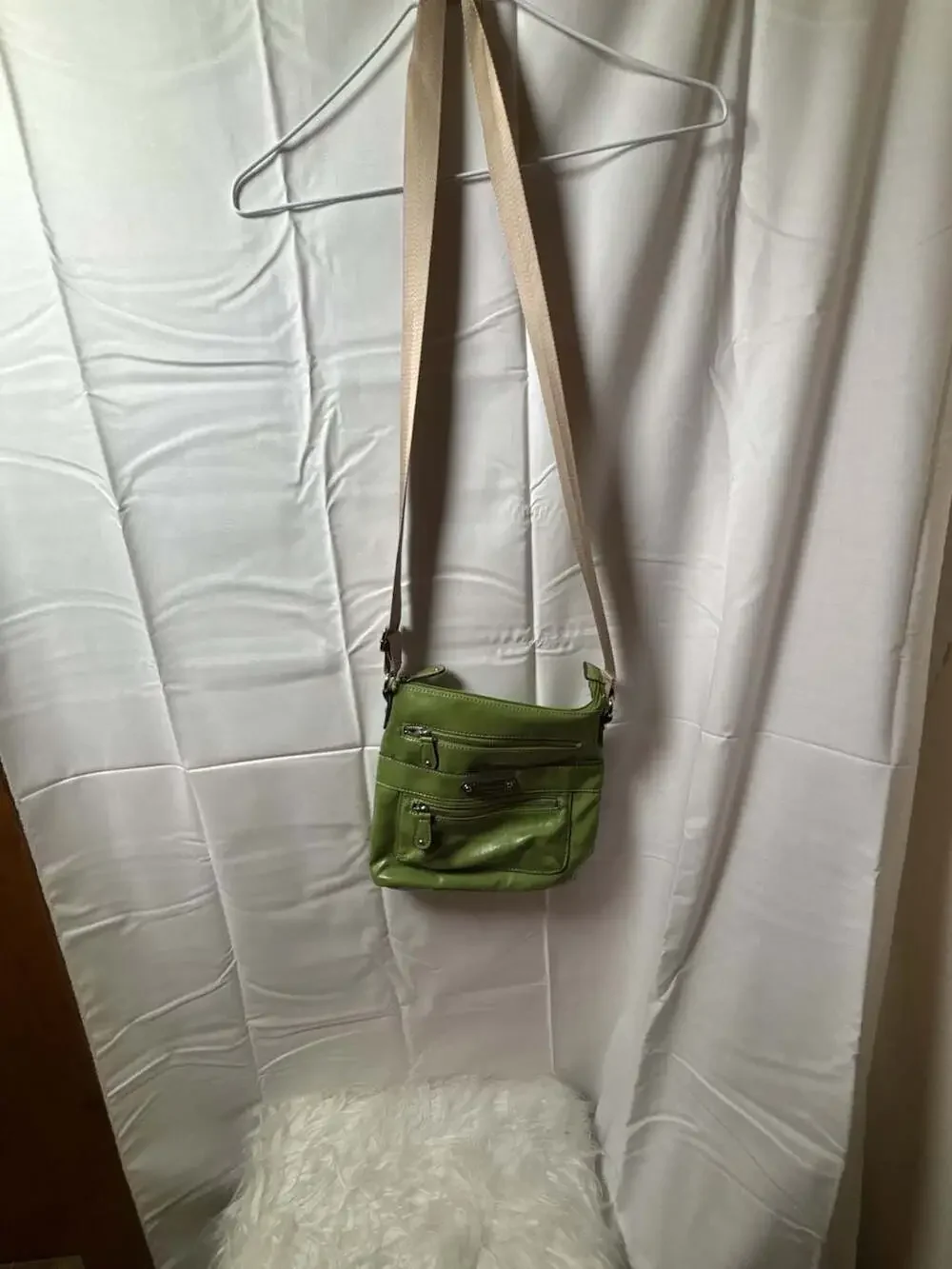 Franco Sarto Green Faux Leather Multi-Pocket Crossbody Bag with Polka Dot Interi